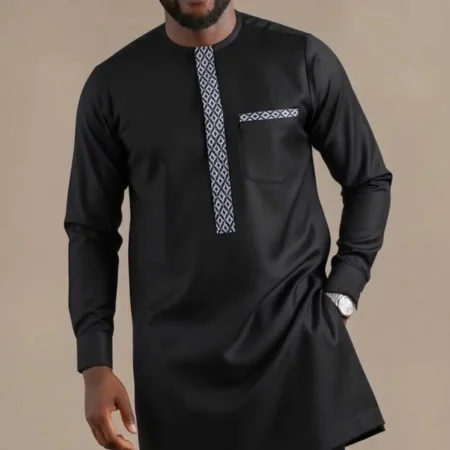 Men’s African Embroidery Outfit – Traditional Kaftan Shirt & Matching Trousers
