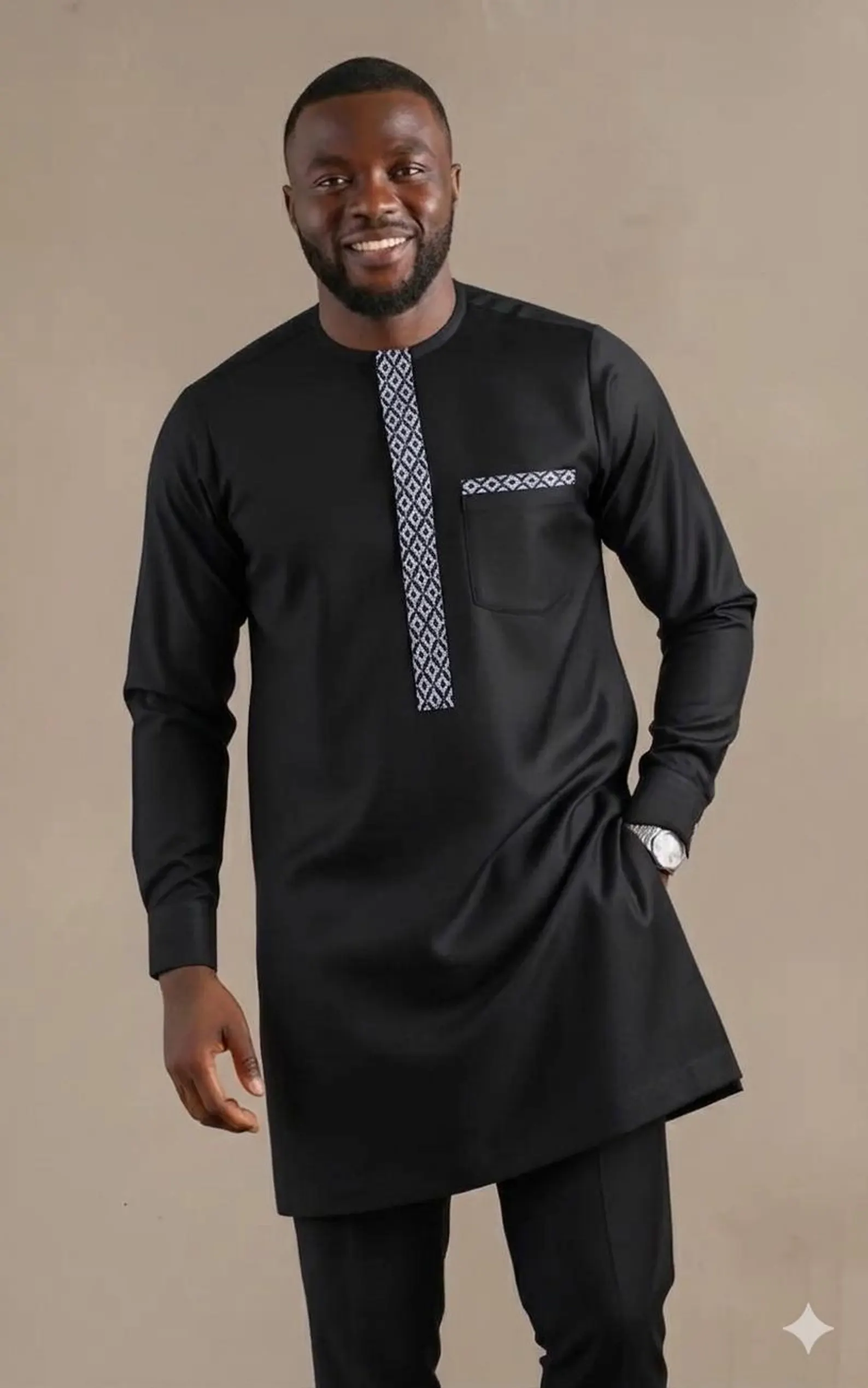 Men’s African Embroidery Outfit – Traditional Kaftan Shirt & Matching Trousers